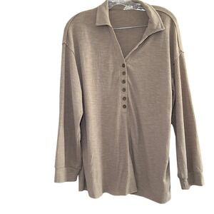 POL Women's Ribbed Knit Long Sleeve Button Up Collared Top Blouse fall‎ minimal